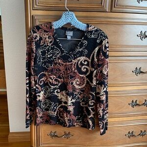 Chico's Black Velvet Long-Sleeve Top with Bronze and Gold Scroll Print
